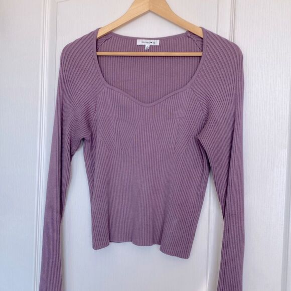 Hooked Up by IOT Sweaters - Sweater knit heart shaped neckline in lavender flattering knit detailing. Large